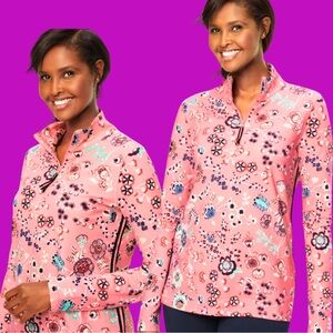 Talbots Mockneck Half Zip Fleece Pullover in Pink Botanical Bouquets, Size Large